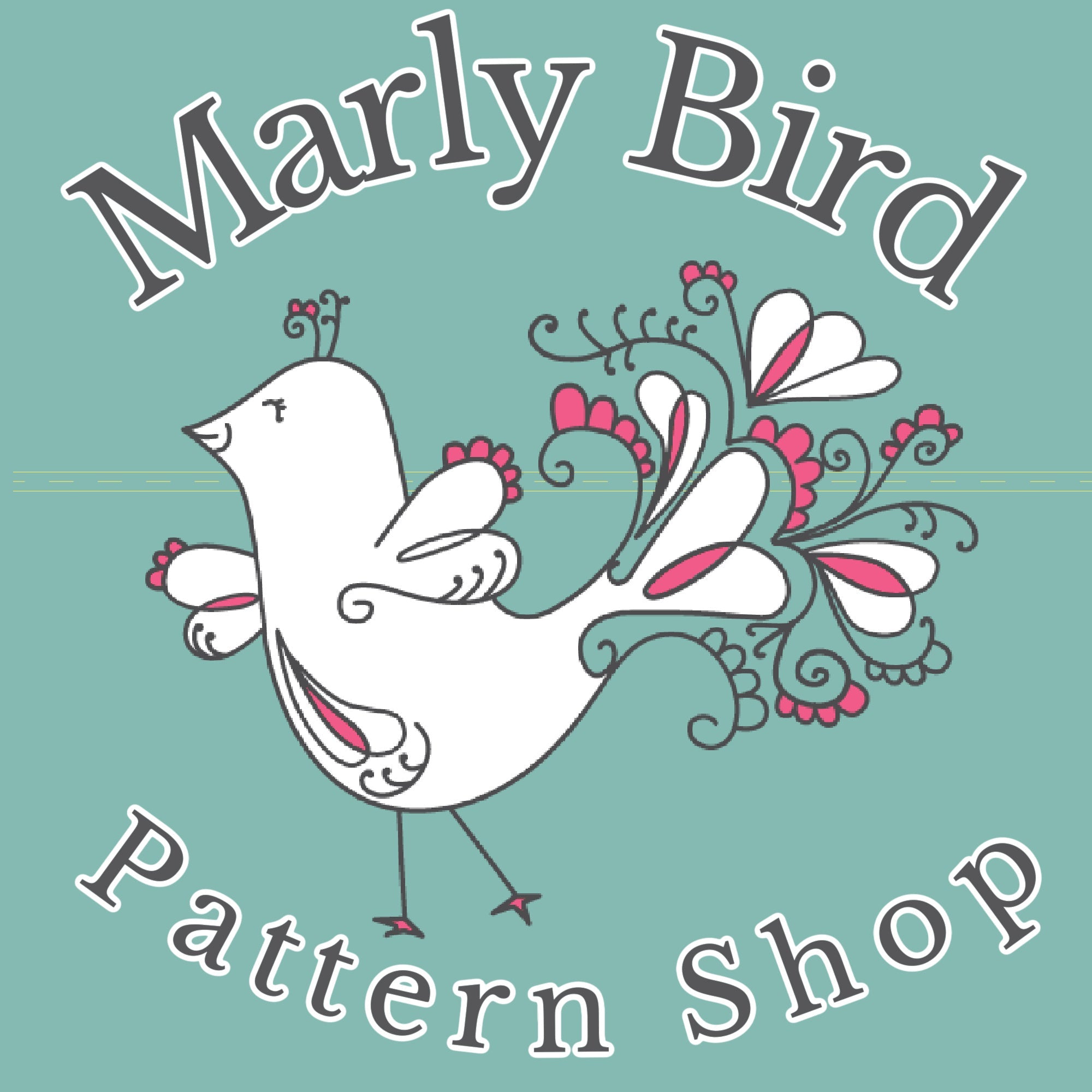 Logo with a stylized white bird decorated with pink and gray floral patterns, surrounded by the text “Marly Bird Pattern Shop” on a teal background.