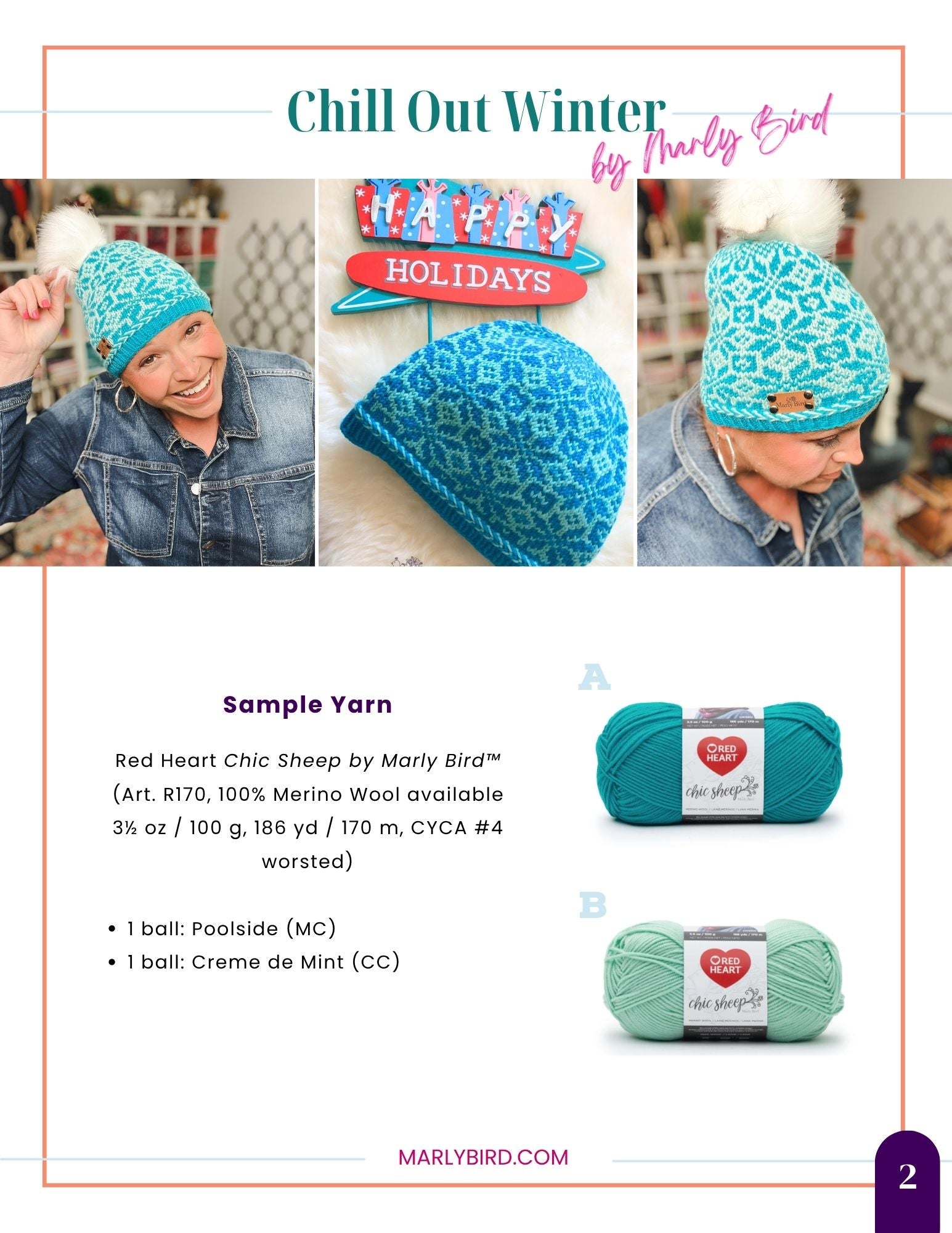 A woman wearing the “Chill Out Winter Fair Isle Hat”—a blue and white knit hat with a pom-pom—smiles for the camera. Below her, two balls of yarn in teal and mint green are shown, labeled for the “Chill Out Winter Fair Isle Hat - PDF.” The hat features a striking colorwork pattern inspired by traditional Latvian braid designs.