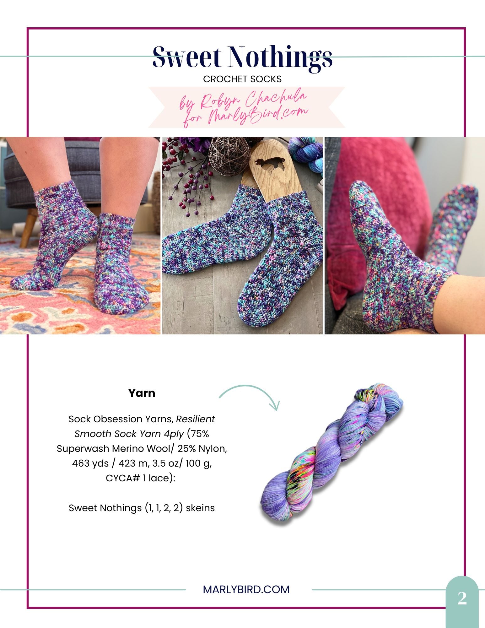 Three images display the Sweet Nothings Crochet Socks Pattern, featuring beautifully textured spike stitches in purple, blue, and pink variegated yarn. Two pairs are modeled on feet, while a third handmade set is arranged on a wooden floor with flowers. Below, a skein of vibrant yarn labeled “Sweet Nothings” offers the perfect inspiration for your next crochet sock project.