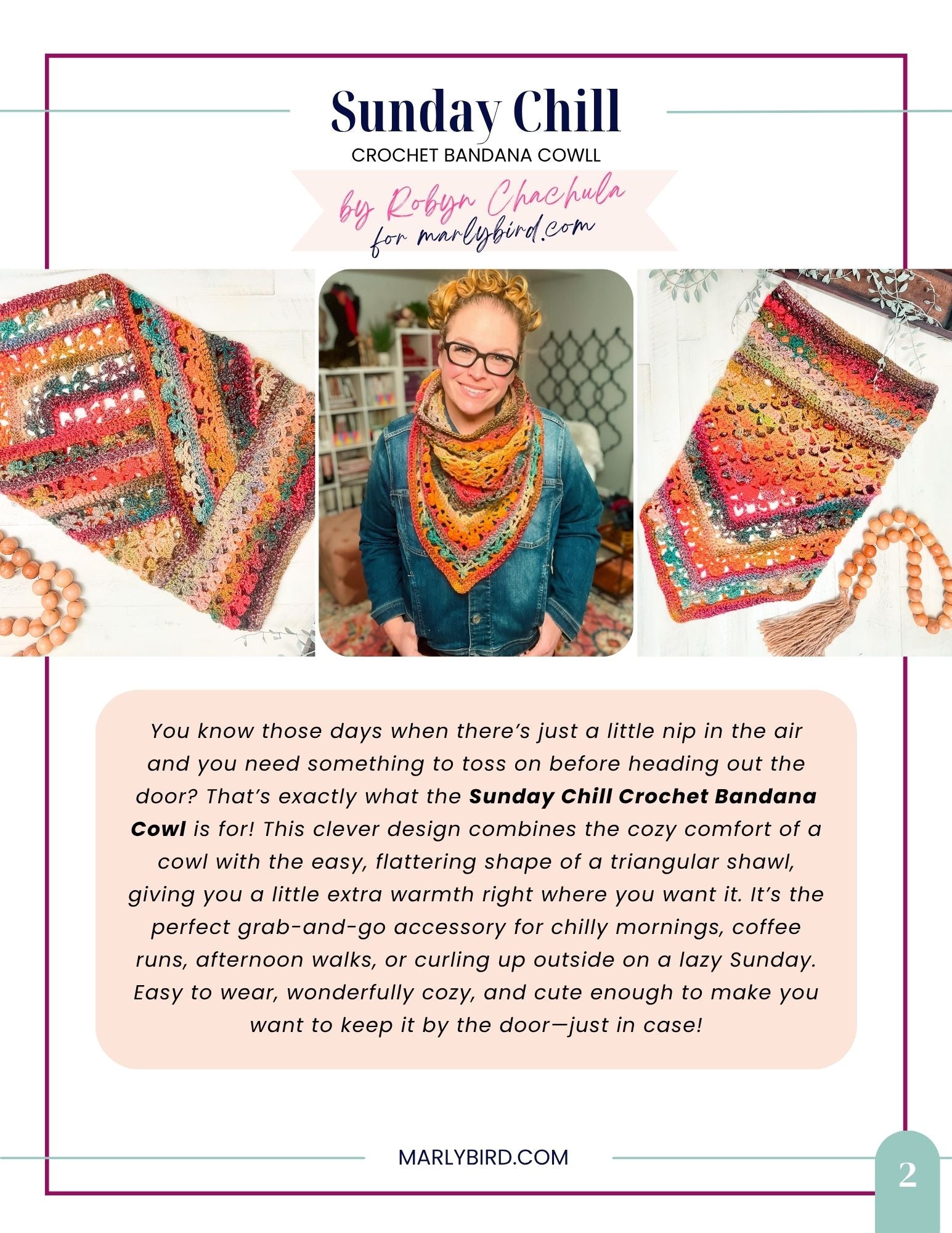 A smiling woman wears the Sunday Chill Crochet Bandana Cowl, a colorful accessory featuring a lacy shell stitch, and stands behind a table with yarn and crochet tools. An overhead photo displays the cowl alongside beads and supplies on a wooden surface. Text describes the crochet pattern for this stylish triangular shawl-inspired bandana cowl.
