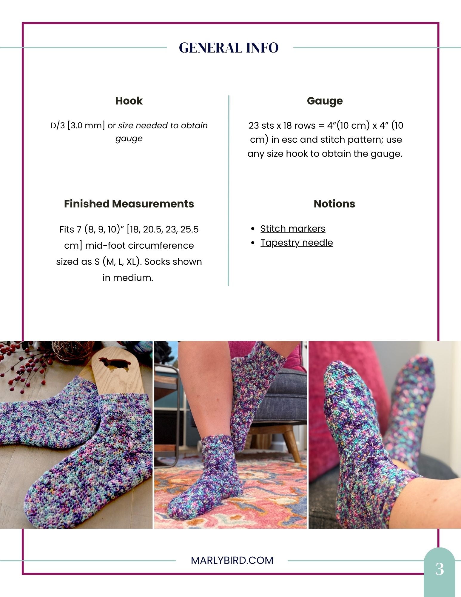 Three photos display handmade socks in multiple colors, crafted with the Sweet Nothings Crochet Socks Pattern featuring a textured spike stitch. The socks are modeled on feet and placed on a wooden floor and light rug. Above, text shares details including recommended crochet hook size, gauge, finished measurements, and a list of required notions for the pattern.