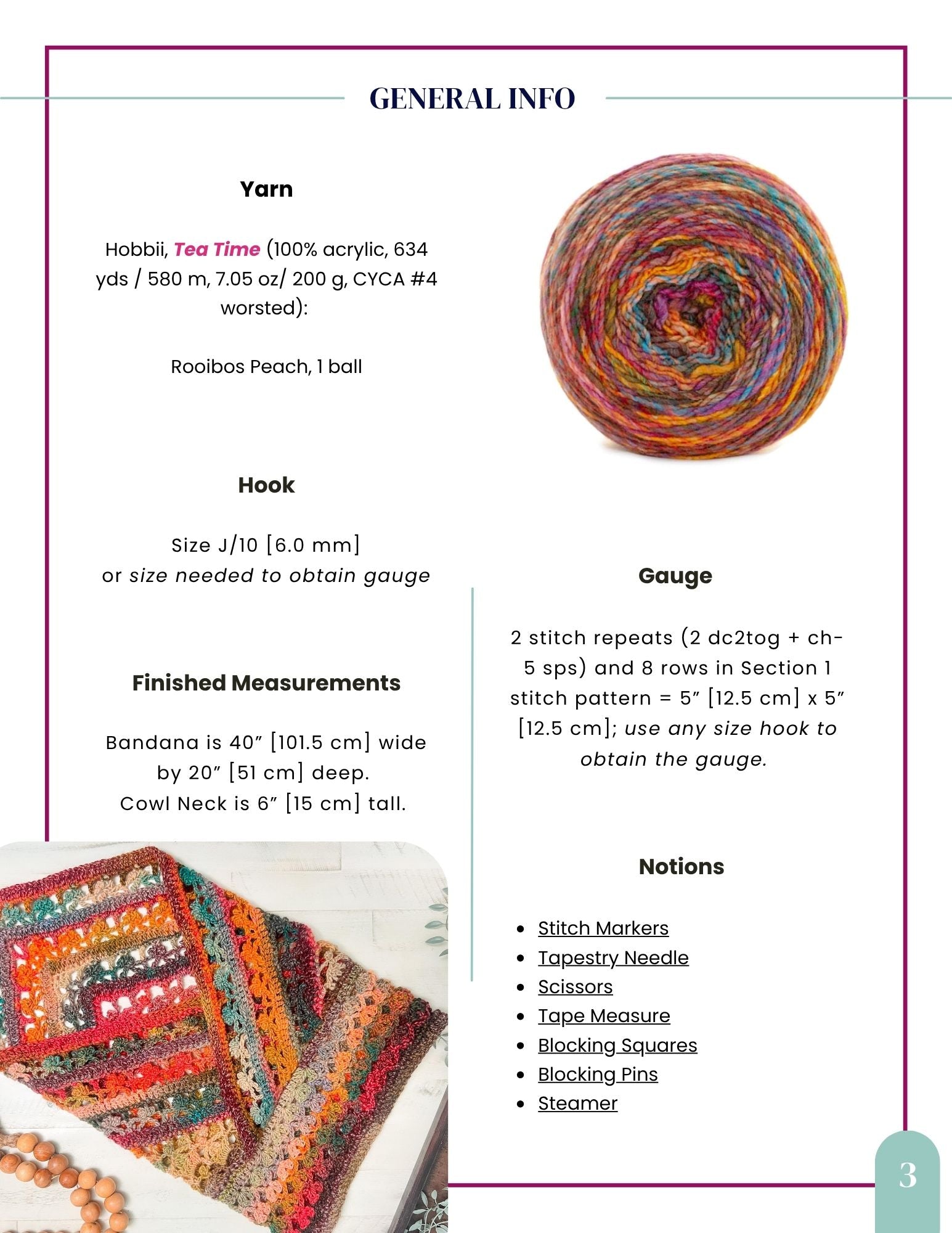Here’s your revised sentence using the product data: An information page for the Sunday Chill Crochet Bandana Cowl Pattern featuring yarn, hook, gauge, finished measurements, a notions list, and two photos: one of a yarn ball and another showing a colorful crocheted bandana cowl displayed on a white surface. The design highlights a lacy shell stitch that evokes classic triangular shawl patterns.