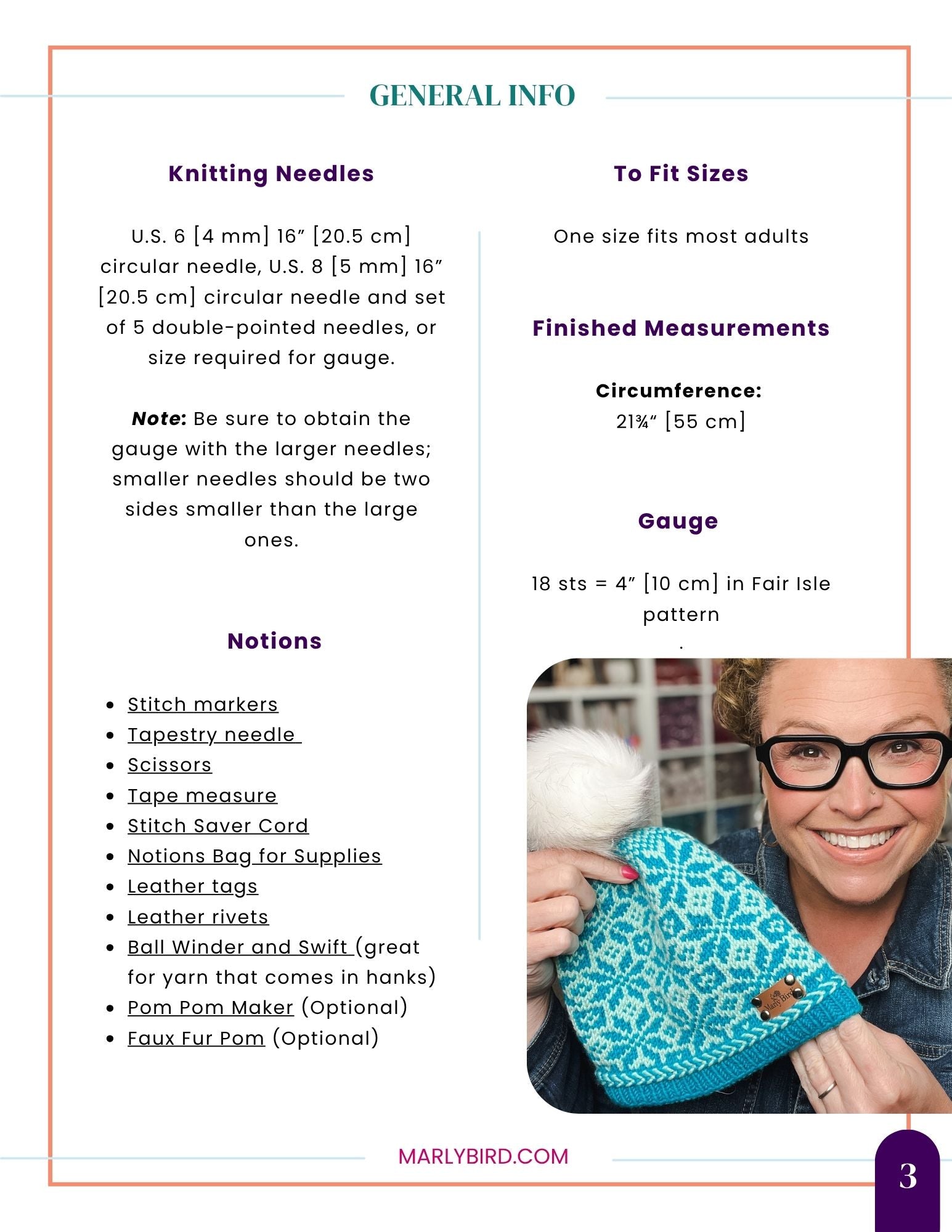 Instructional page for the Chill Out Winter Fair Isle Hat - PDF, featuring a general info section, lists of needle sizes and notions, fit sizes, measurements, and an image of a smiling woman wearing glasses holding knitting needles in the lower right corner. Ideal for knitters interested in exploring new techniques such as the Latvian braid or mastering their next colorwork pattern.