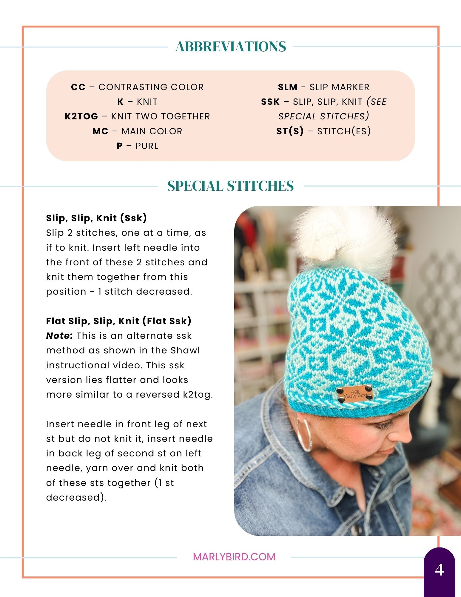 A page from the “Chill Out Winter Fair Isle Hat - PDF” knitting guide displays abbreviations, special stitch instructions, and a photo of a person in a blue patterned Fair Isle hat with a white pompom, concentrating on their intricate colorwork knitting project.