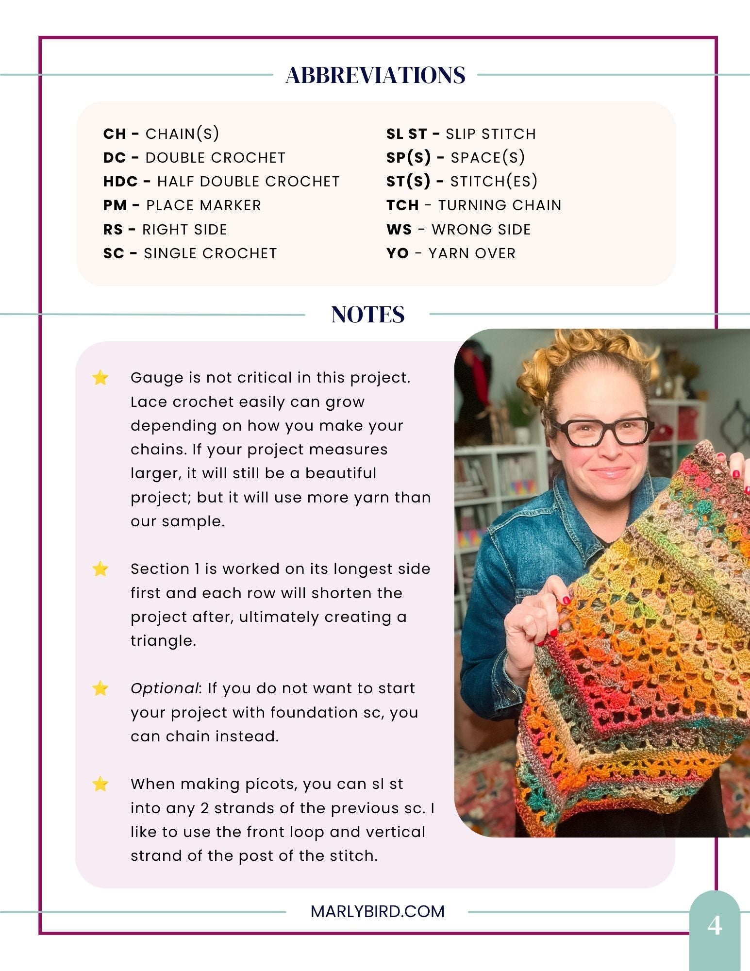 A smiling person with glasses holds a colorful crochet project, proudly displaying the Sunday Chill Crochet Bandana Cowl, crafted with a delicate lacy shell stitch. The page includes crochet abbreviations, notes about the bandana cowl project, and the marlybird.com website at the bottom.