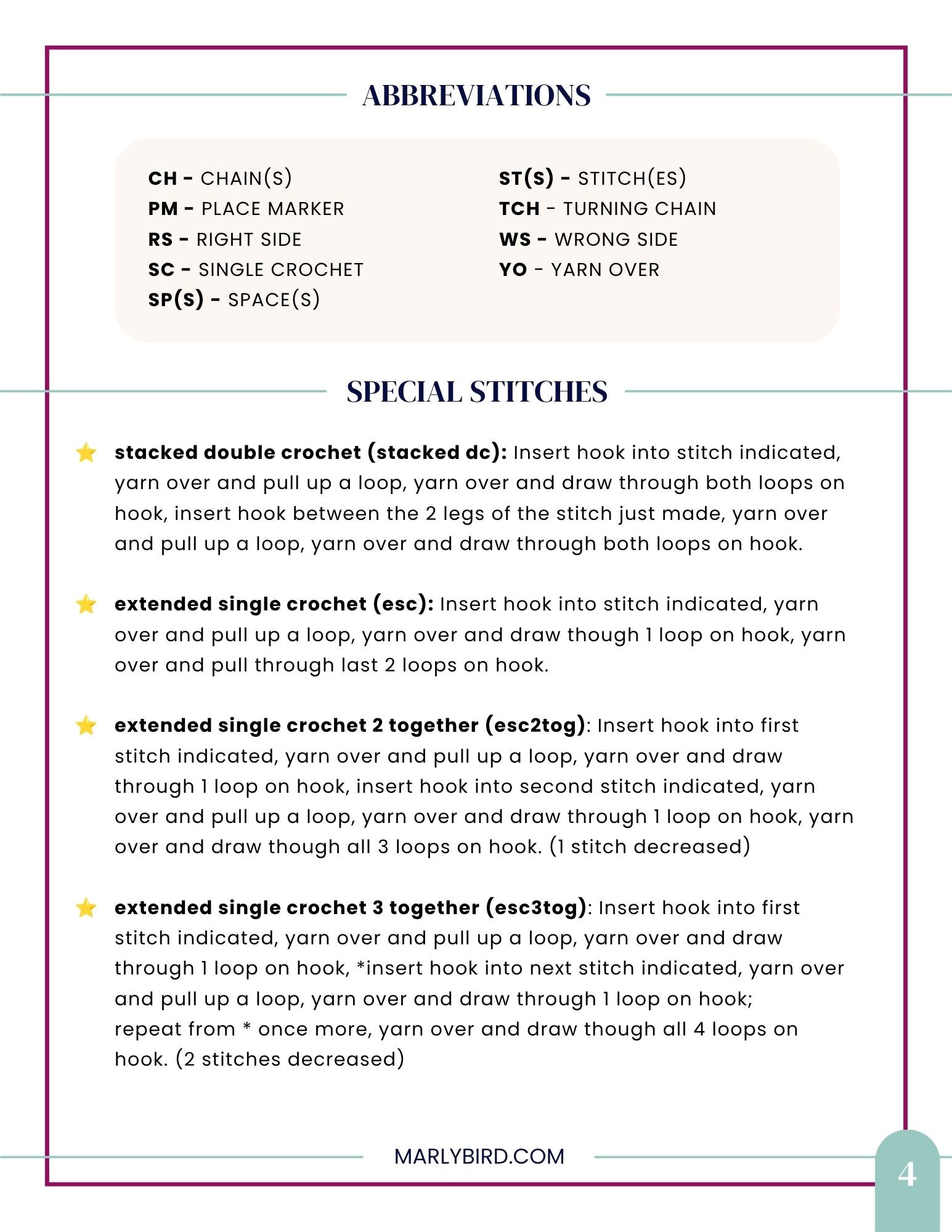 Introducing the Sweet Nothings Crochet Socks Pattern—a comprehensive reference guide featuring crochet abbreviations and instructions for special stitches such as stacked double crochet, extended single crochet, extended half double crochet, and extended double crochet. Perfect for designing your own unique socks or adding the distinctive spike stitch to your handmade creations. The pattern’s easy-to-read text is displayed on a clean white background.