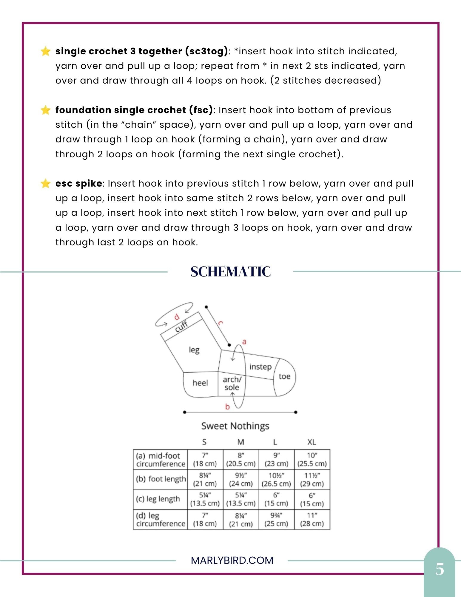 Discover the Sweet Nothings Crochet Socks Pattern: a crochet pattern page featuring detailed stitch instructions and a schematic with precise measurements for handmade socks. Set against a white background adorned with text, yellow stars, and a simple line drawing, this pattern showcases the textured spike stitch to bring visual interest and depth to your crochet socks.