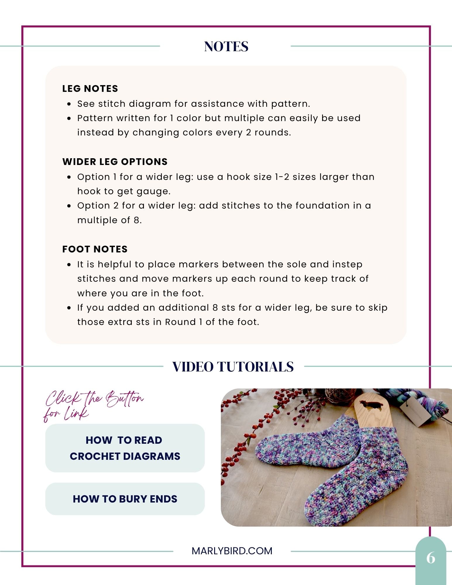 Discover the Sweet Nothings Crochet Socks Pattern—a detailed crochet tutorial page featuring notes on leg and foot options, links to video tutorials for crochet diagrams and burying ends, plus an inspiring image of colorful handmade socks on a wooden tray. Explore textured spike stitch techniques for beautifully unique results with this easy-to-follow pattern.