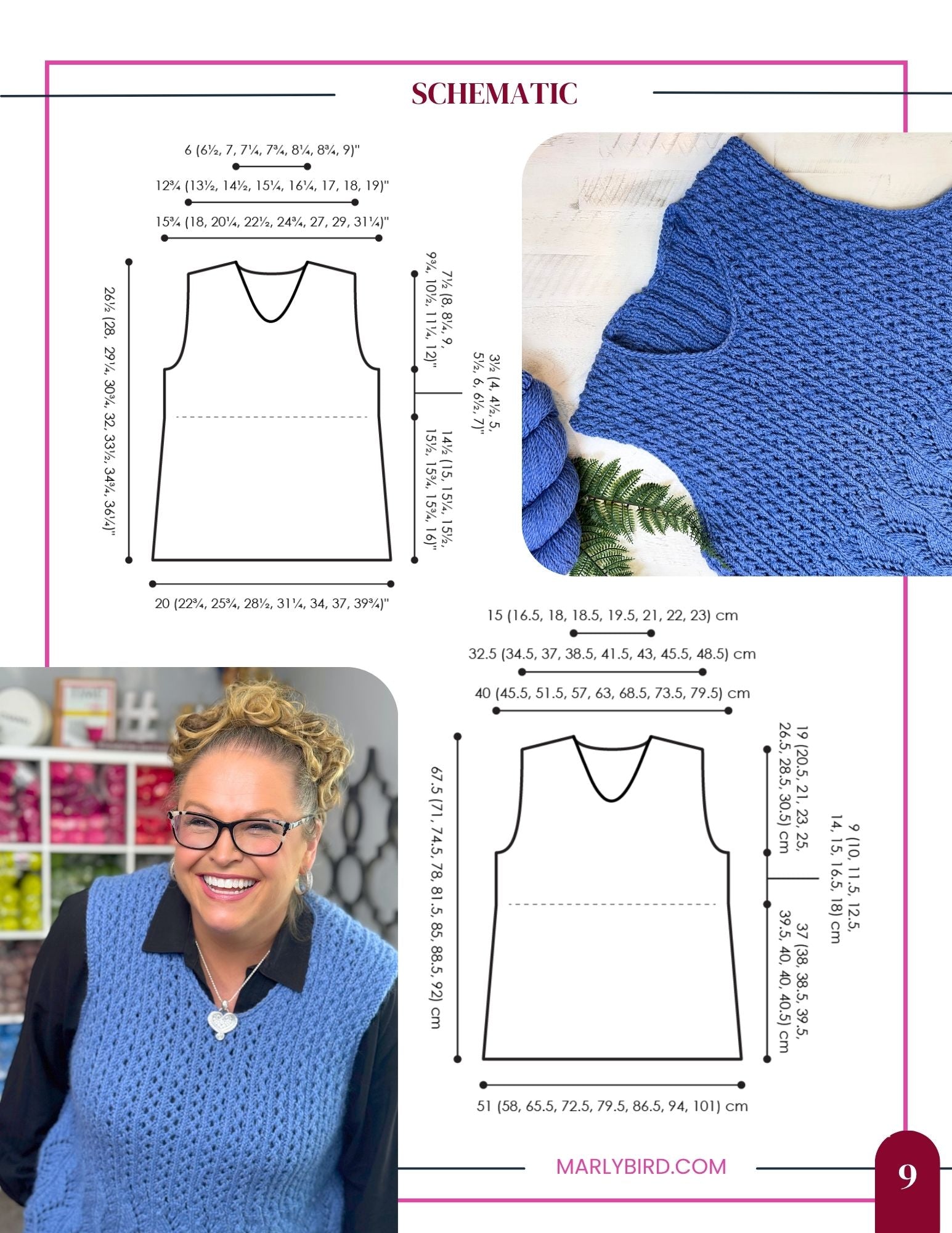 The Thistlevine Knit Tunic Pattern shows a blue lace sleeveless sweater modeled by a smiling person with glasses. Schematic diagrams above display vest measurements in inches and cm, with yarn and tools in the background. PDF (XS–5X).