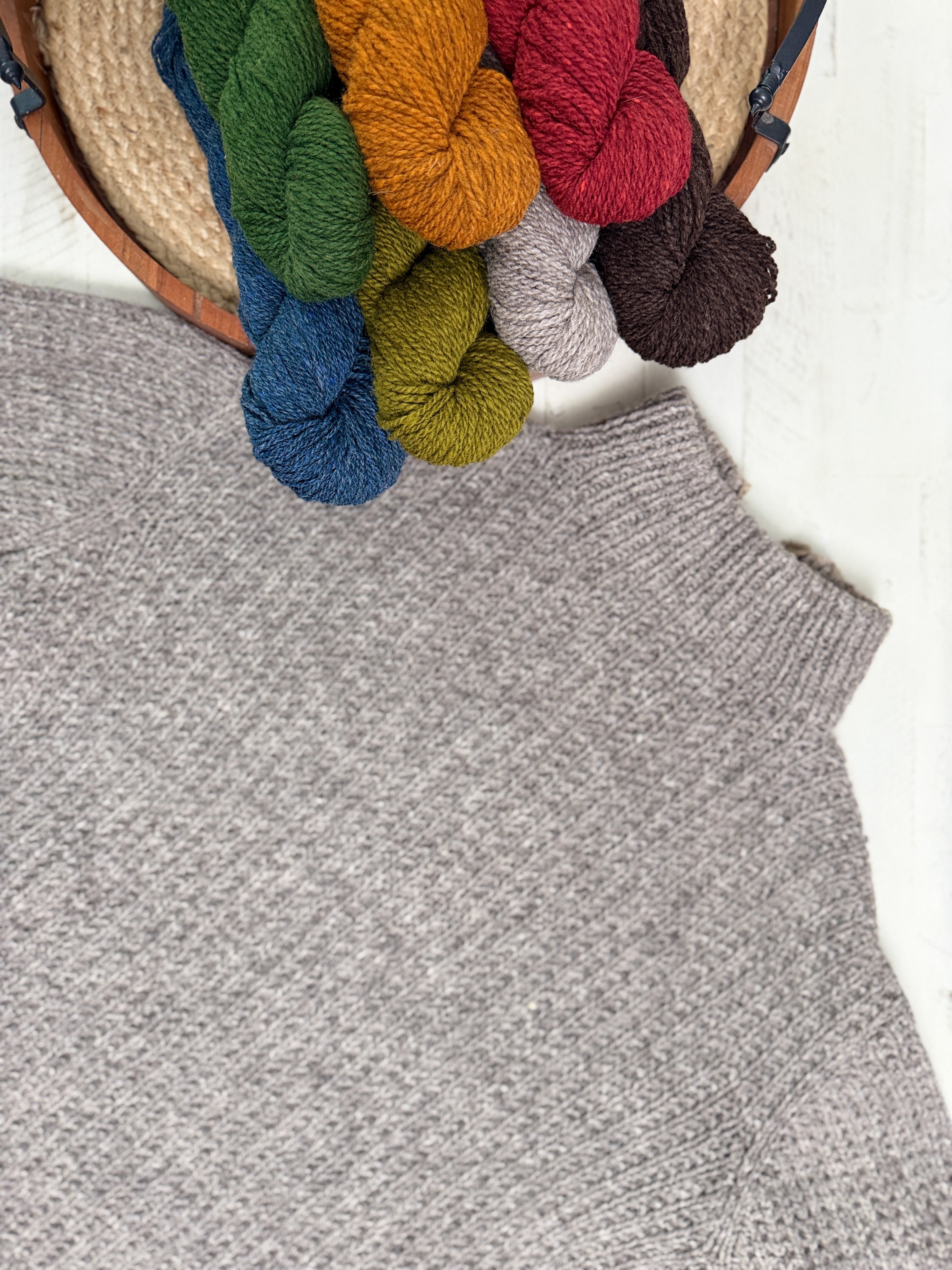 Adam’s Ribbed Zipper Knit Cardigan Pattern is shown in gray next to a basket containing six skeins of yarn—blue, green, yellow, gray, red, and brown—arranged on a white surface.