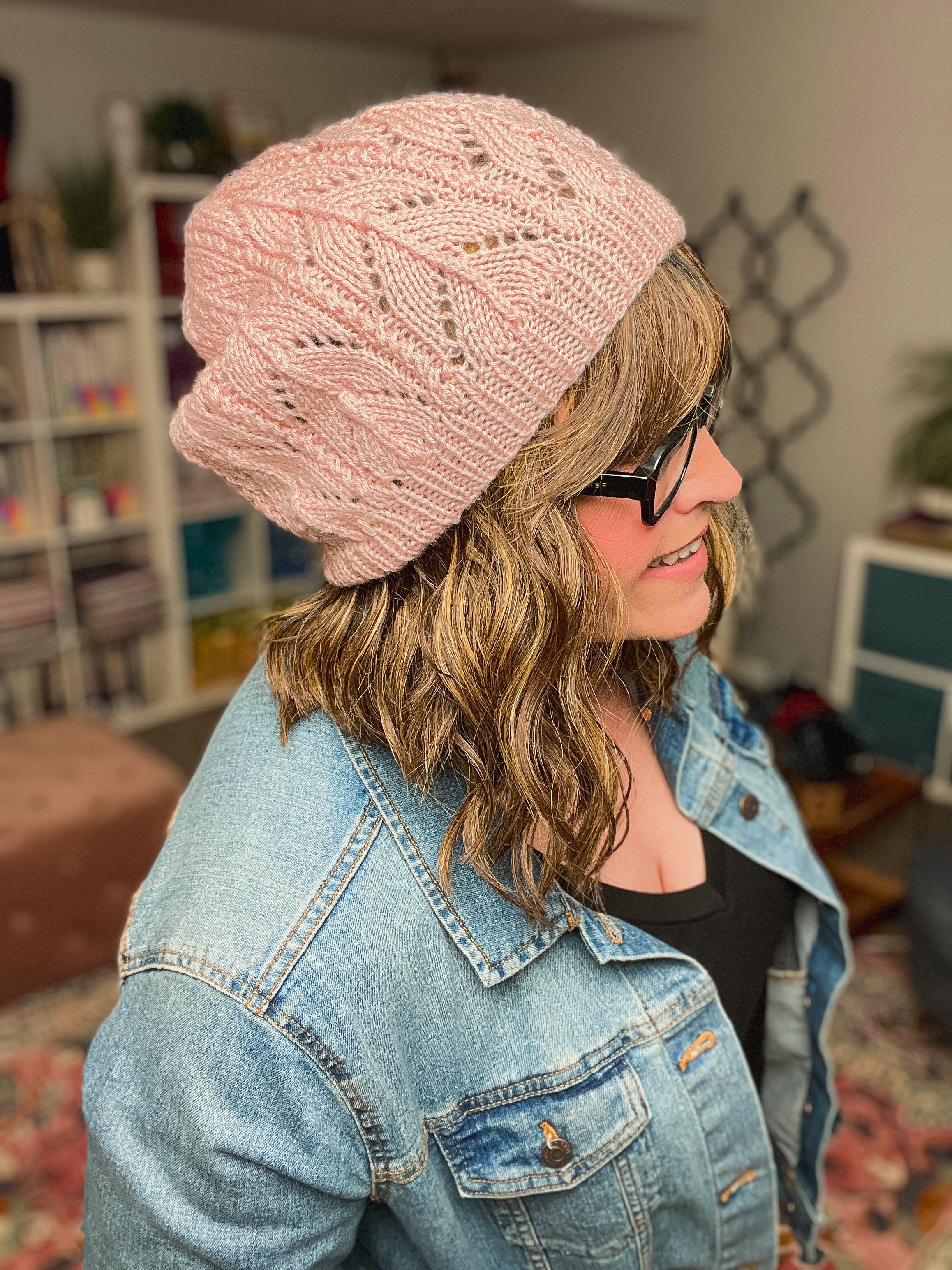 Blush pink Bashful knit lace hat by Marly Bird