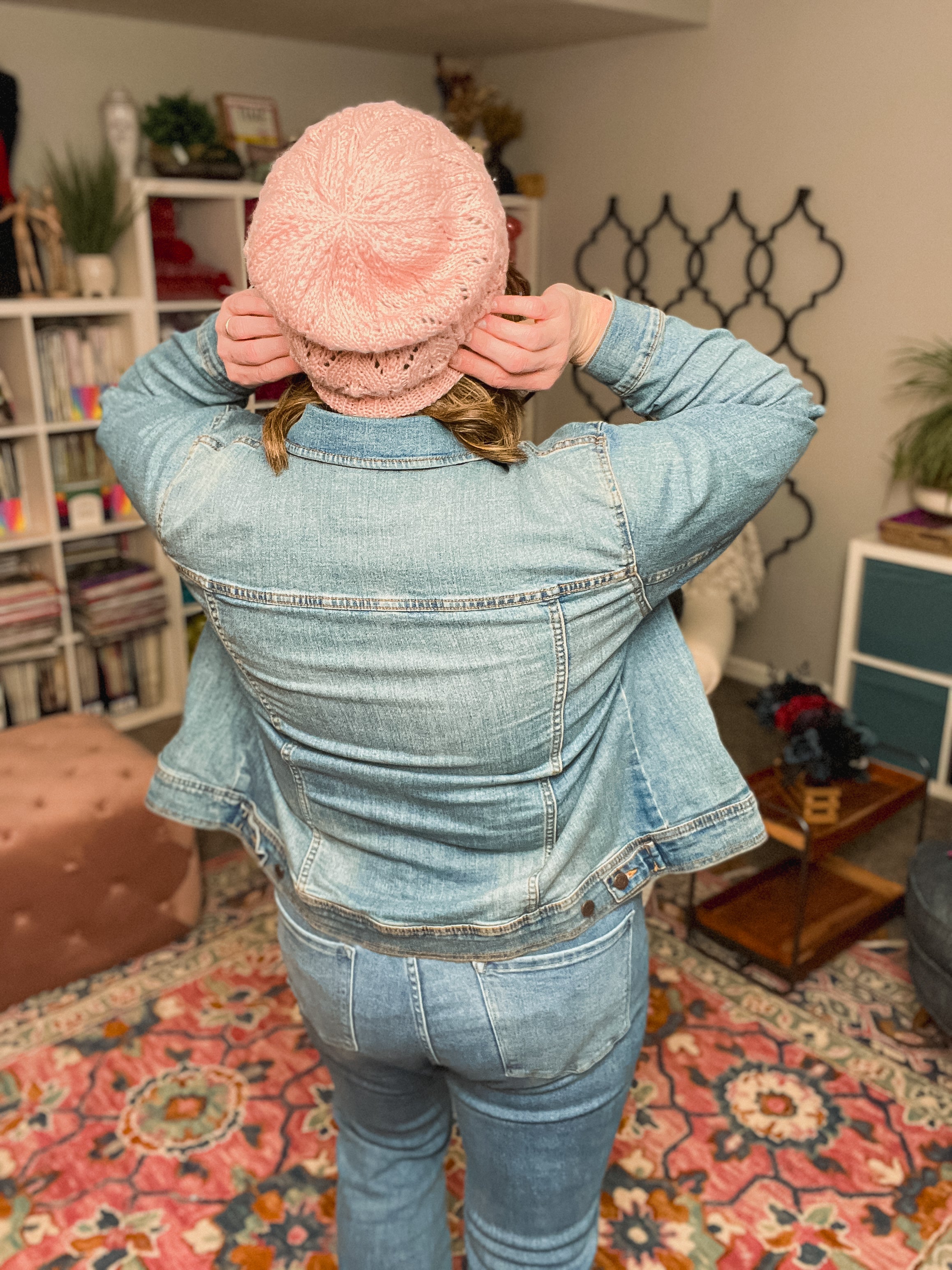 Blush pink Bashful knit lace hat by Marly Bird Look at the crown.