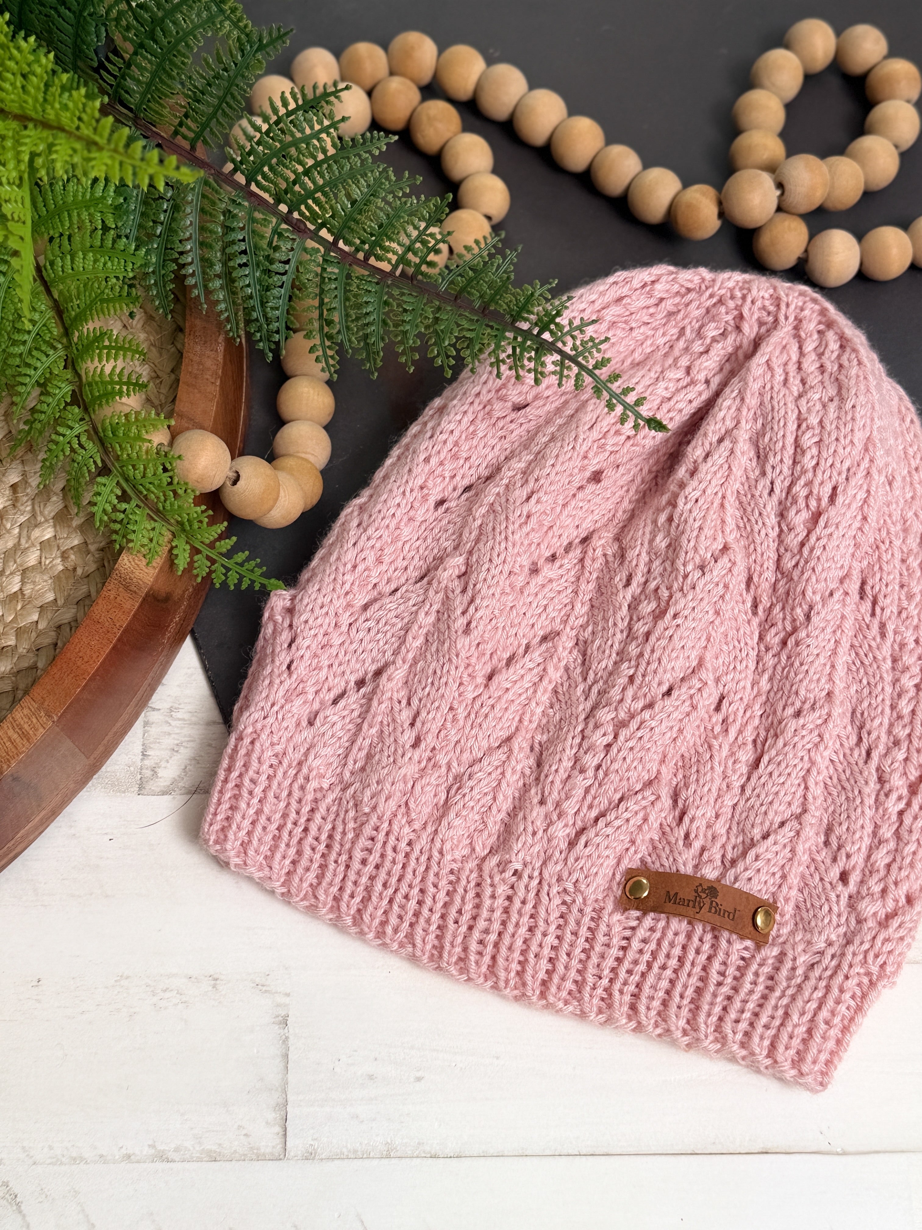 Blush pink Bashful knit lace hat by Marly Bird
