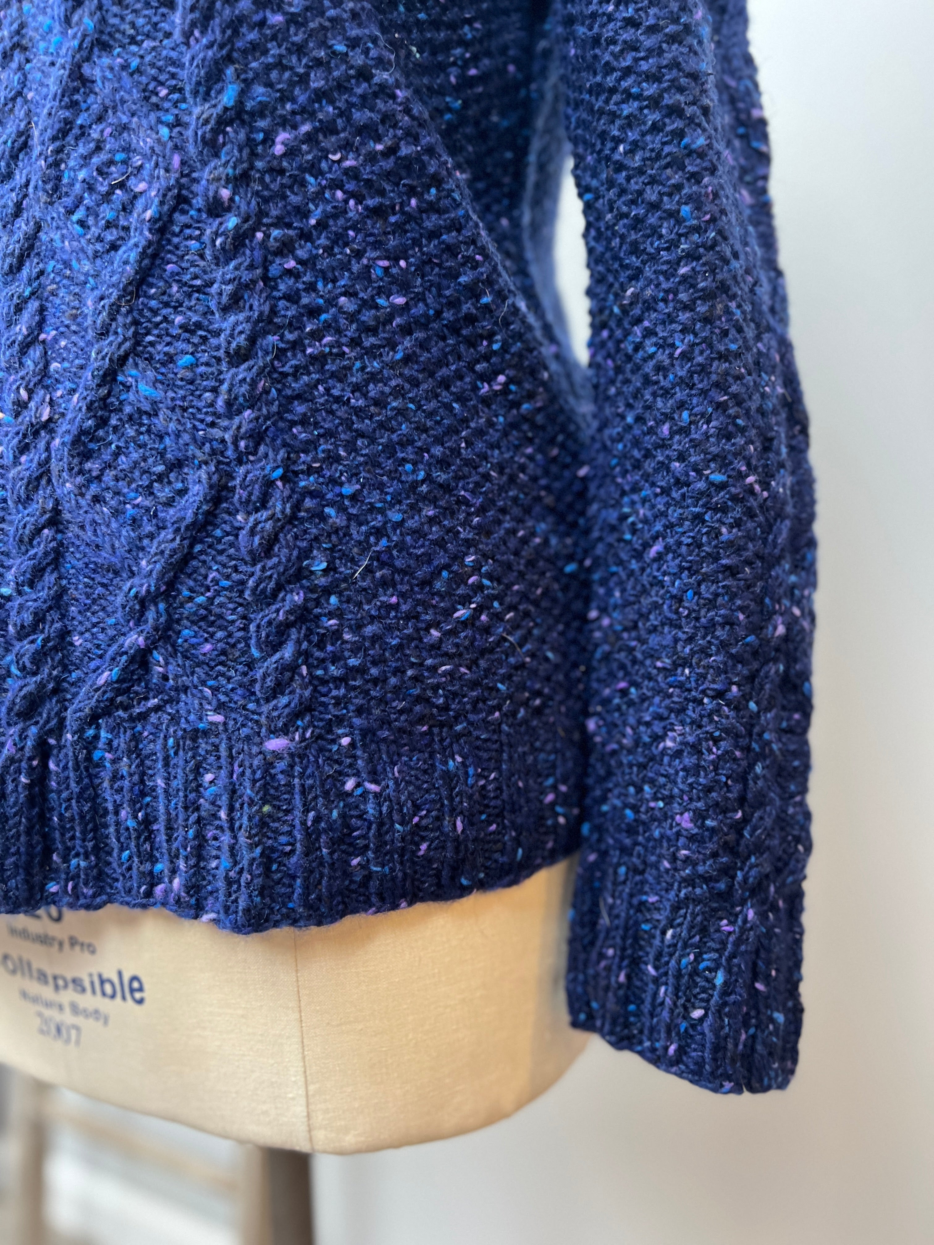 Overland Trail cabled knit sweater in blue tweed wool, saddle shoulder construction