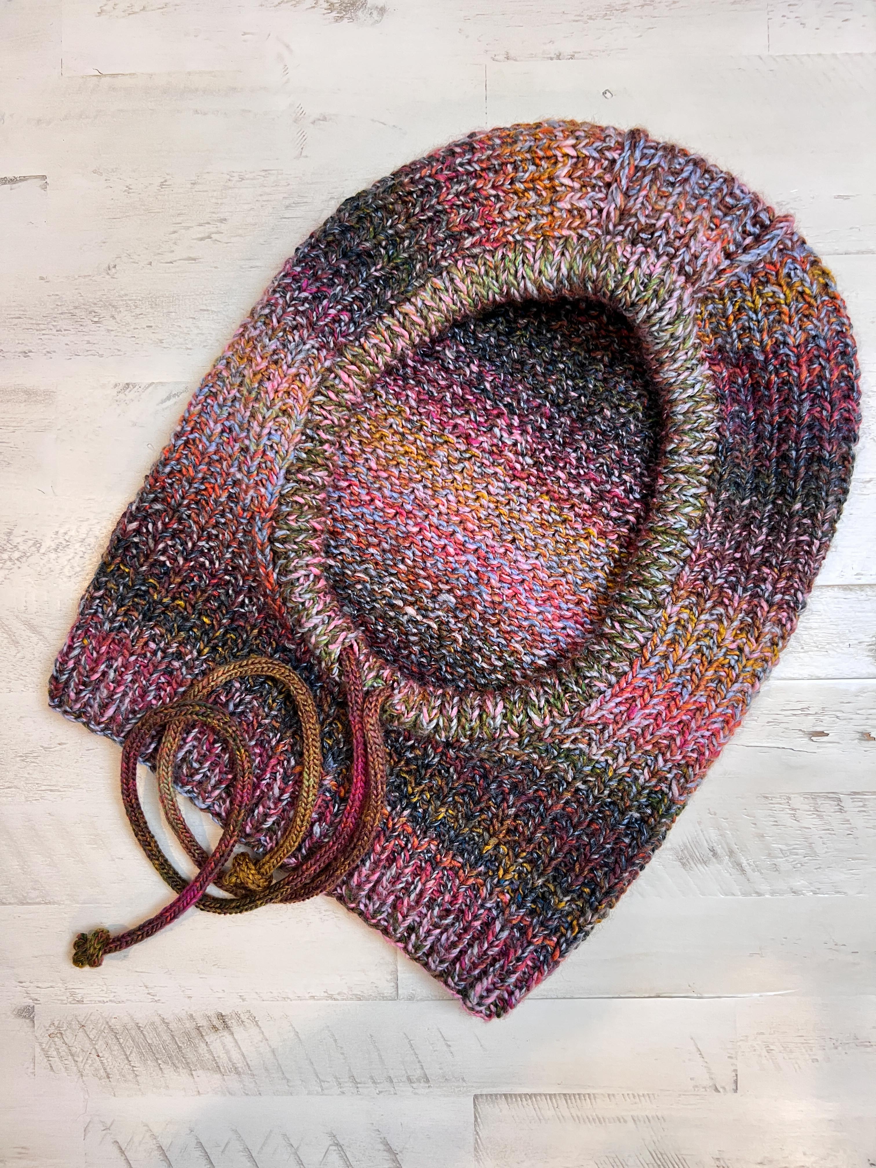 Cozy Sideline knit balaclava pattern with i-cord drawstring detail