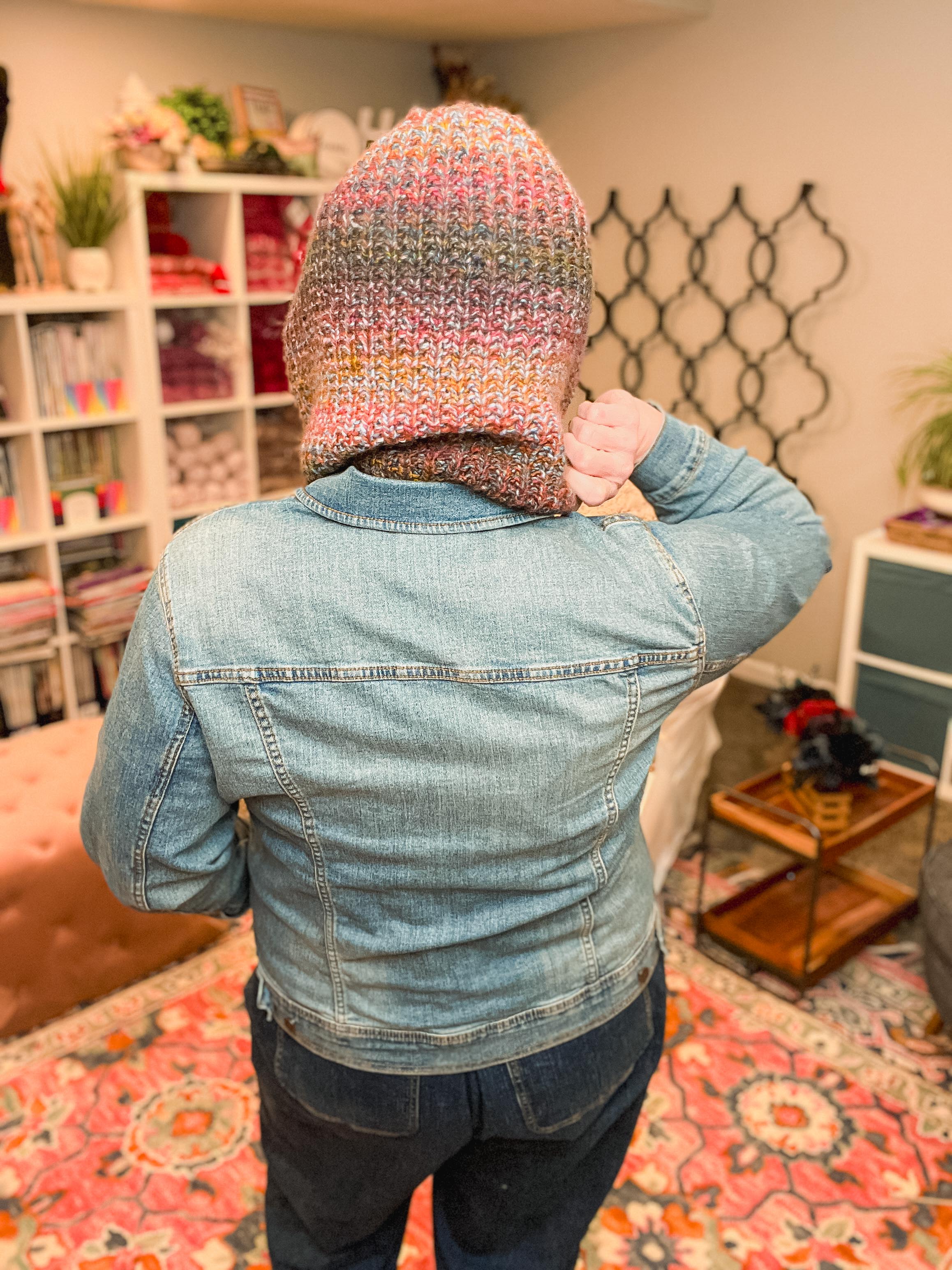 Cozy Sideline knit balaclava pattern with i-cord drawstring detail