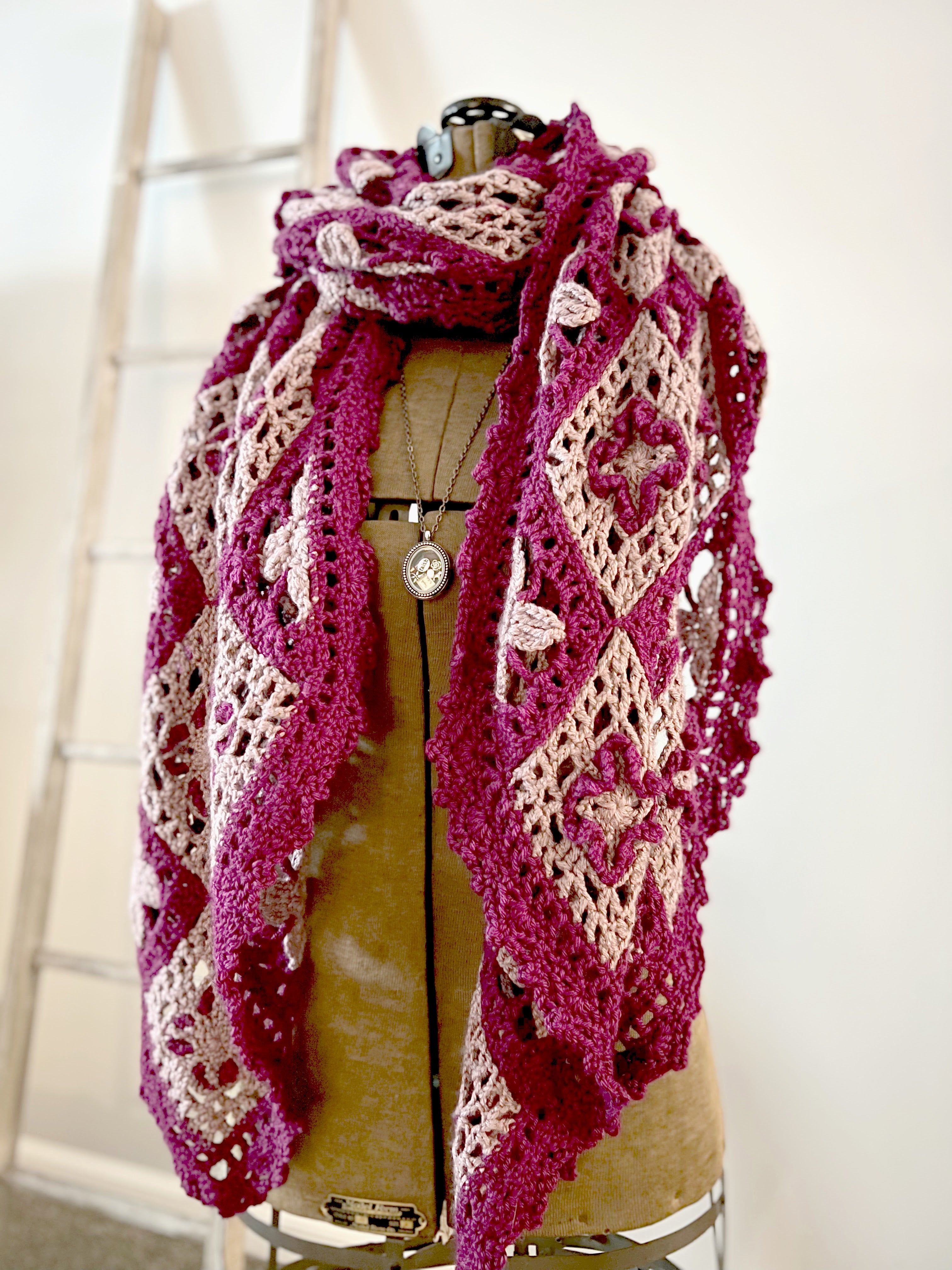 Fernanda crochet motif shawl floral dk weight crochet wrap
Crochet floral motif shawl with join as you go construction
Elegant crochet wrap made from square motifs
Dimensional floral crochet shawl pattern