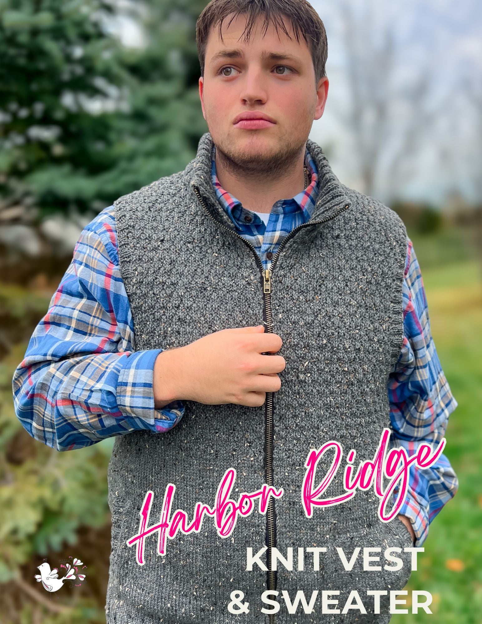 A man stands outdoors wearing a gray vest made with the Harbor Ridge Knit Vest & Sweater Pattern over a blue plaid shirt. The text “Harbor Ridge Knit Vest & Sweater Pattern” appears as trees and grass blur in the background.