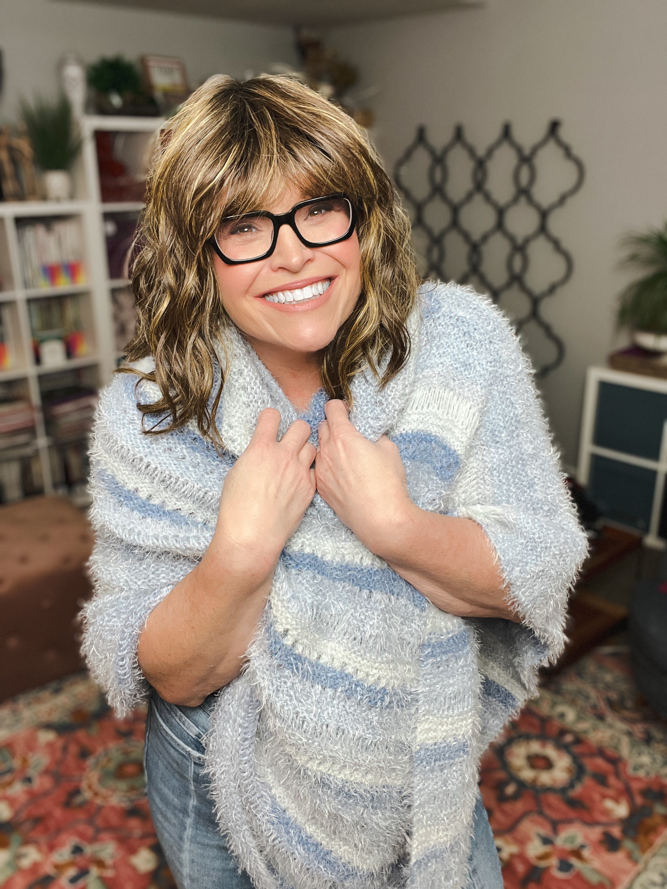 Close up of knit poncho texture with soft yarn