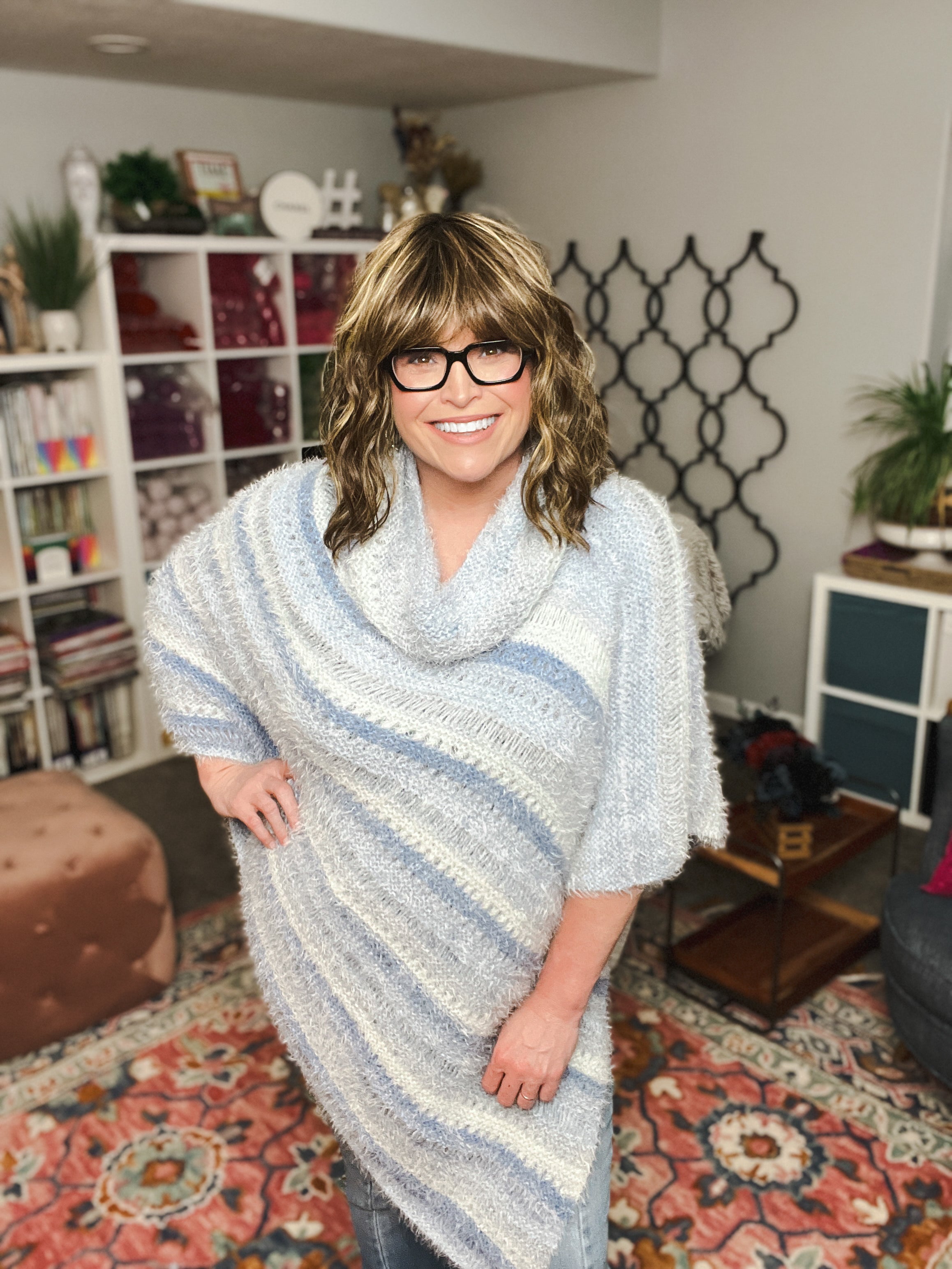 Beginner friendly knit poncho pattern styled casually