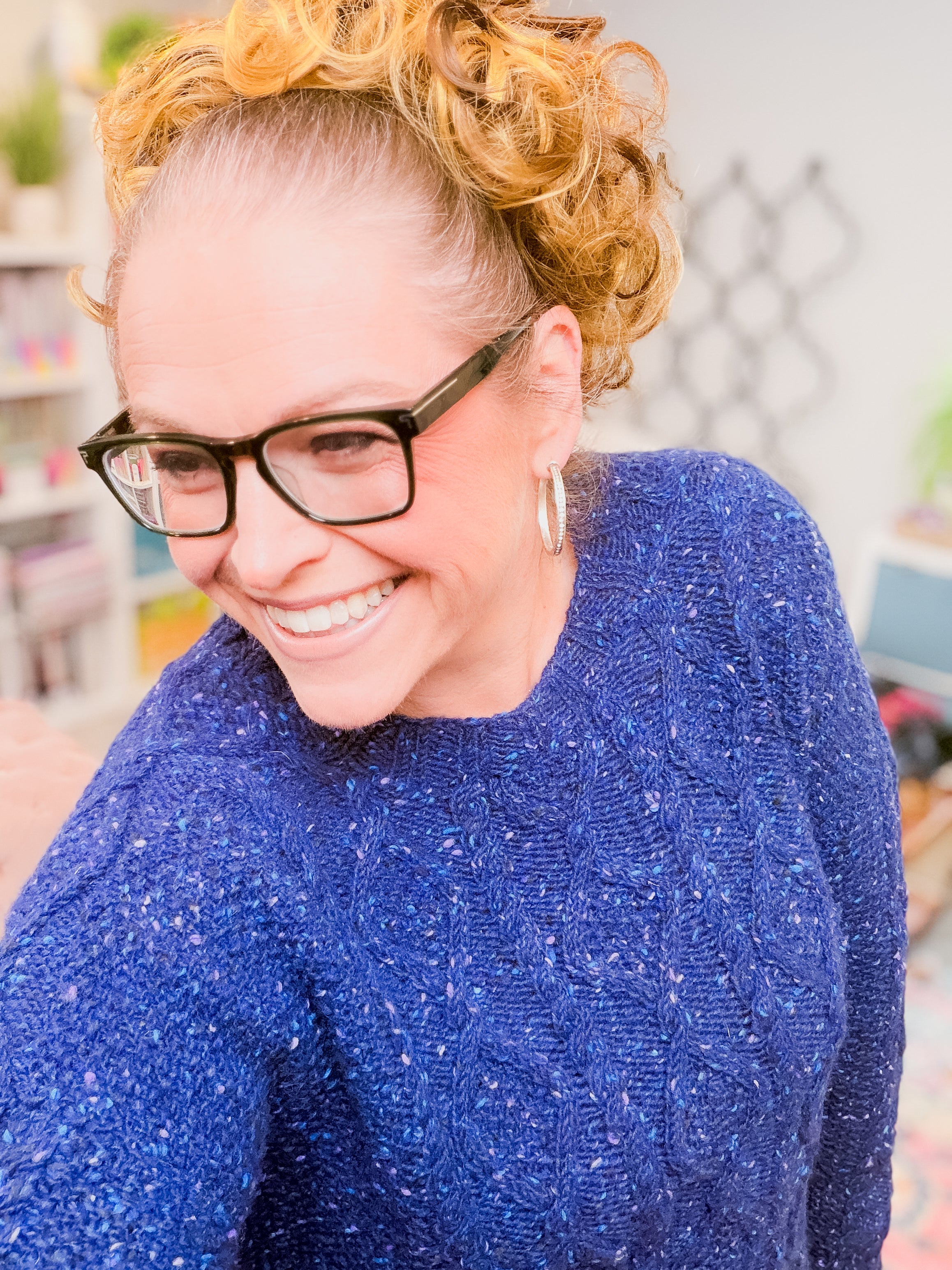 Overland Trail cabled knit sweater in blue tweed wool, saddle shoulder construction
