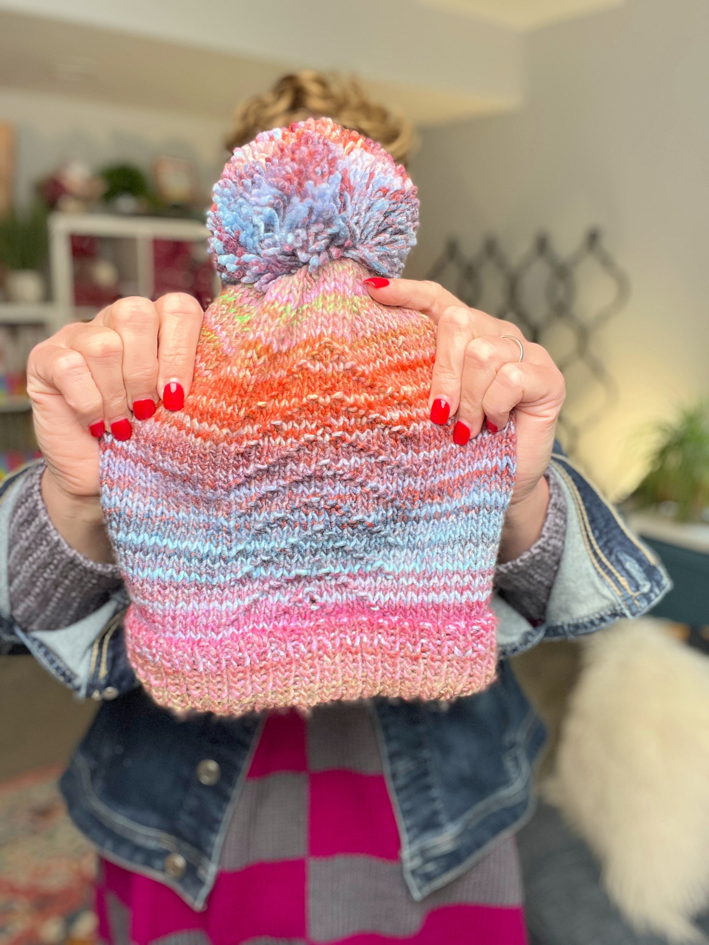 Roy G Biv Knit Hat Pattern | Long Color Changing Yarn Hat | Beginner Knit Beanie PDF