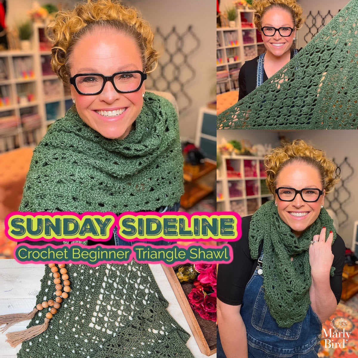 A smiling person with curly hair and glasses models the Sunday Sideline Crochet Shawl Pattern – Easy One Skein Lace Triangle Wrap. Text highlights this beginner-friendly design, with crochet supplies in the background. Give this simple shawl a try!.