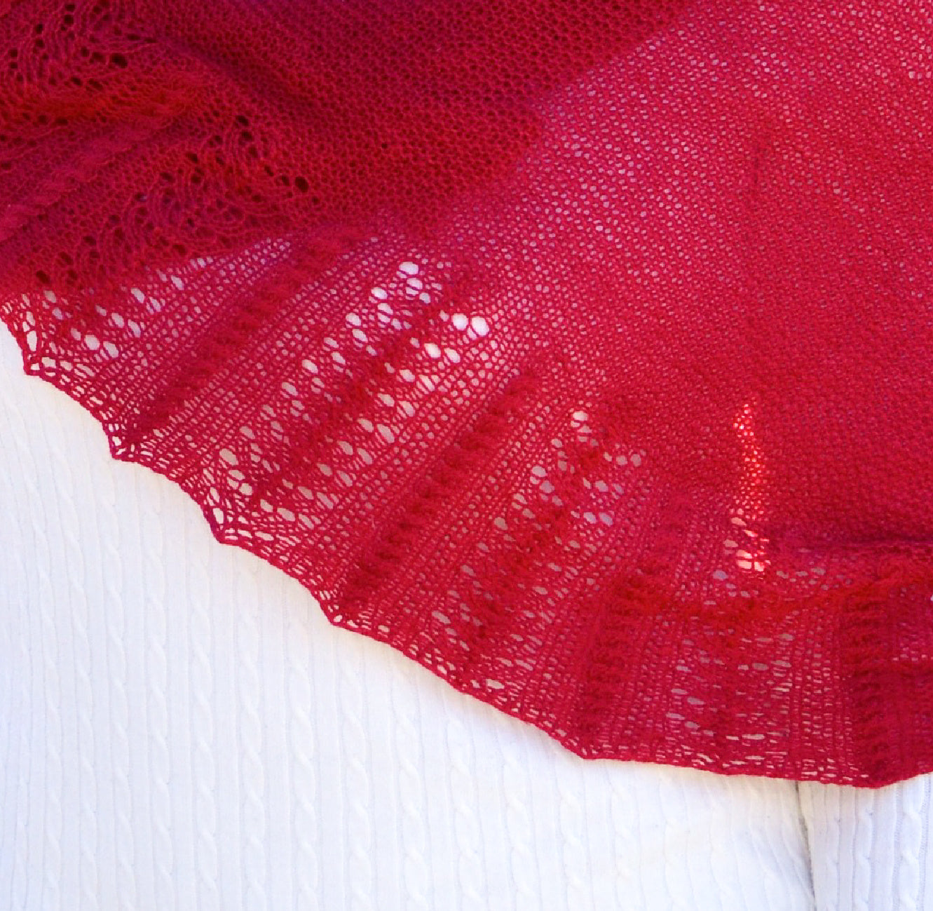Close-up of textured knit shawl stitches showing detailed pattern work
