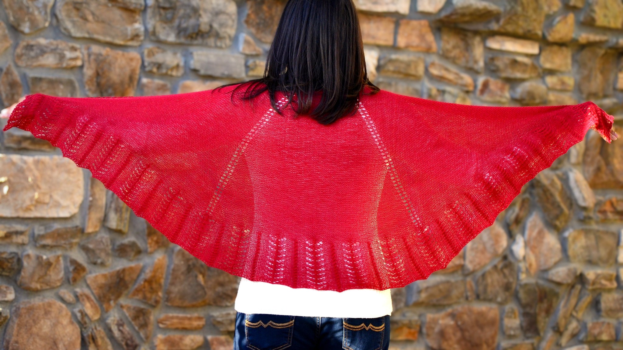 Knit shawl pattern featuring bold textured stitch design. Half Hexagon shape for modern styling