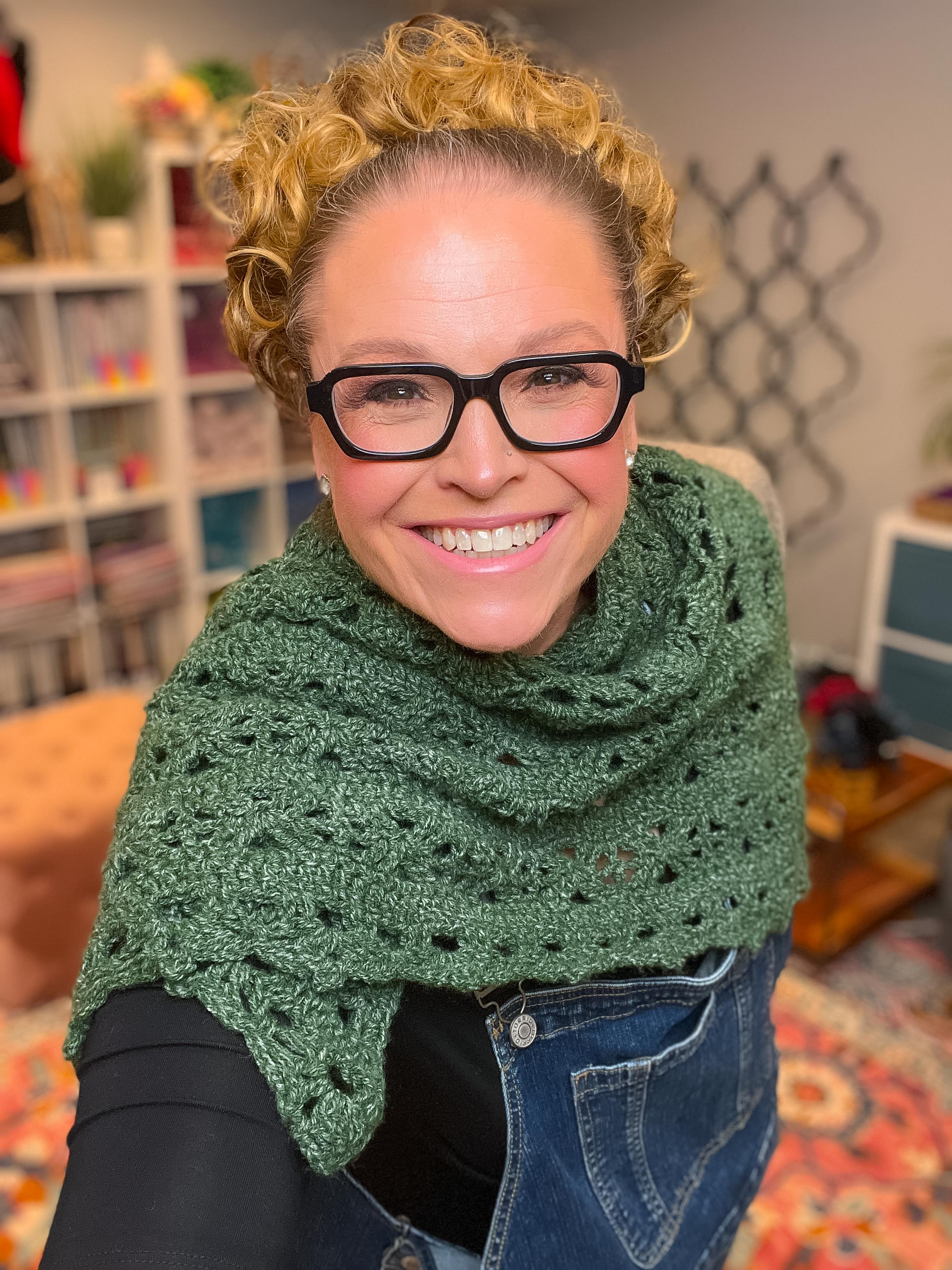 Close up of lace stitches in beginner friendly crochet shawl pattern