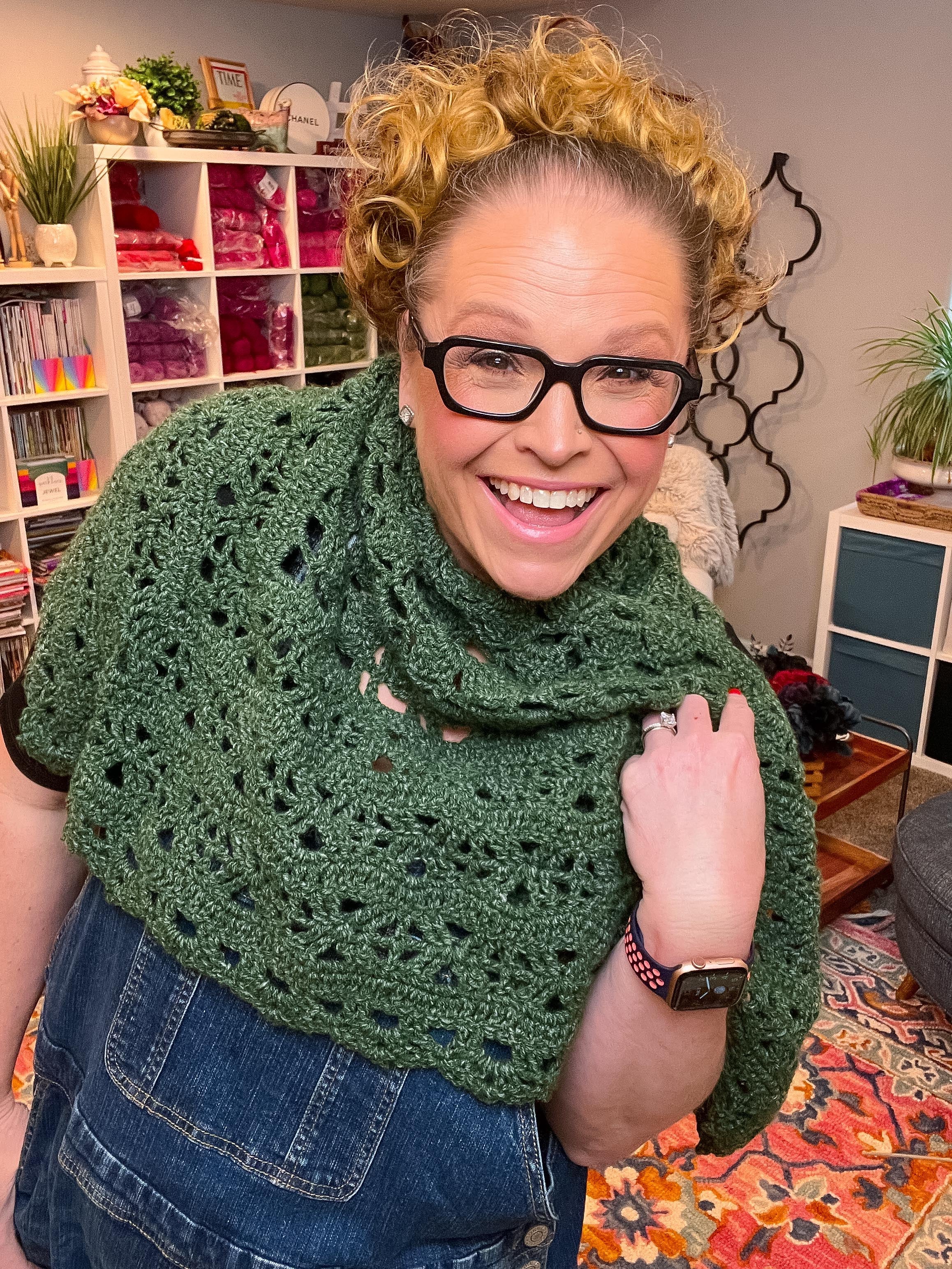 Close up of lace stitches in beginner friendly crochet shawl pattern