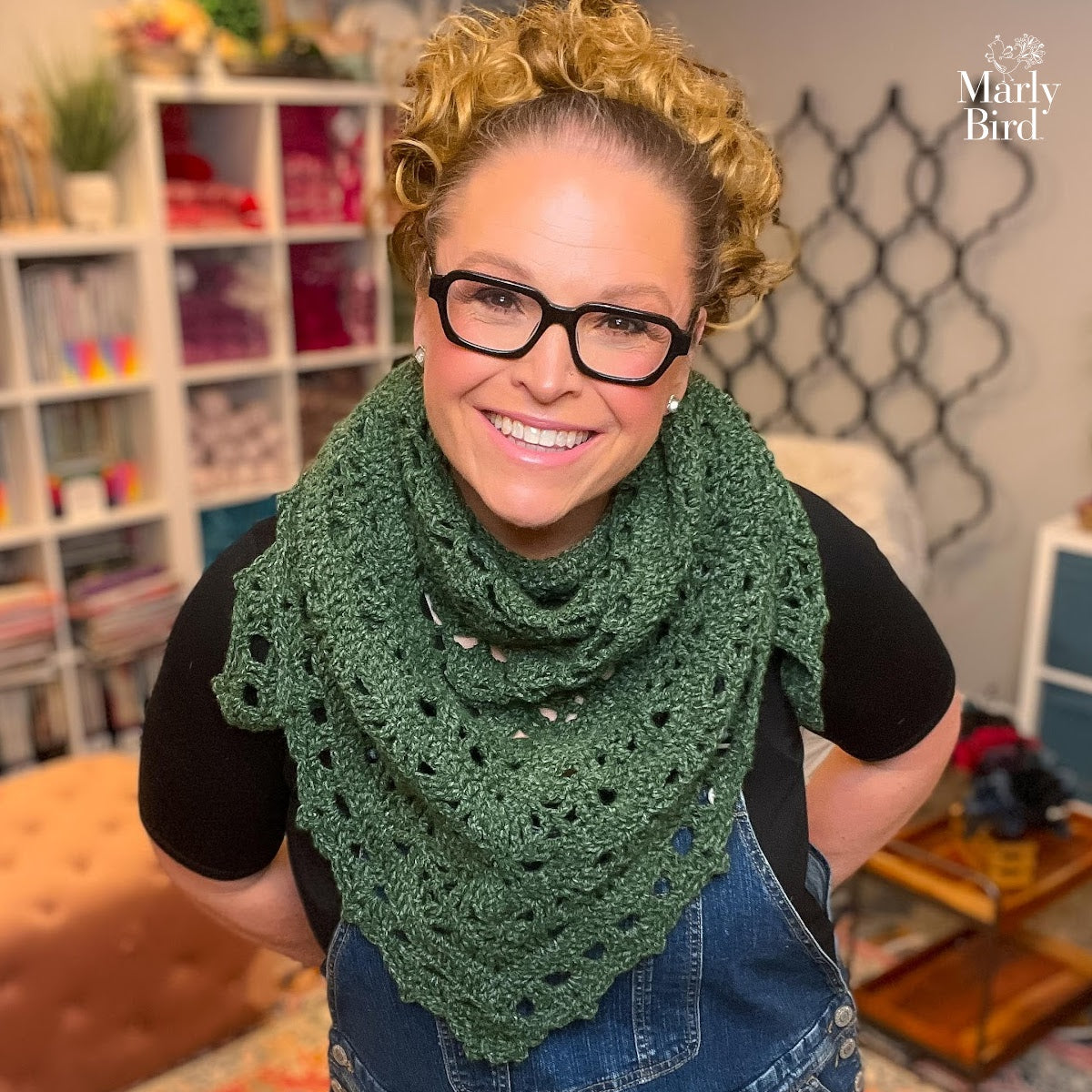 Triangle crochet shawl worn styled as scarf lightweight handmade accessory