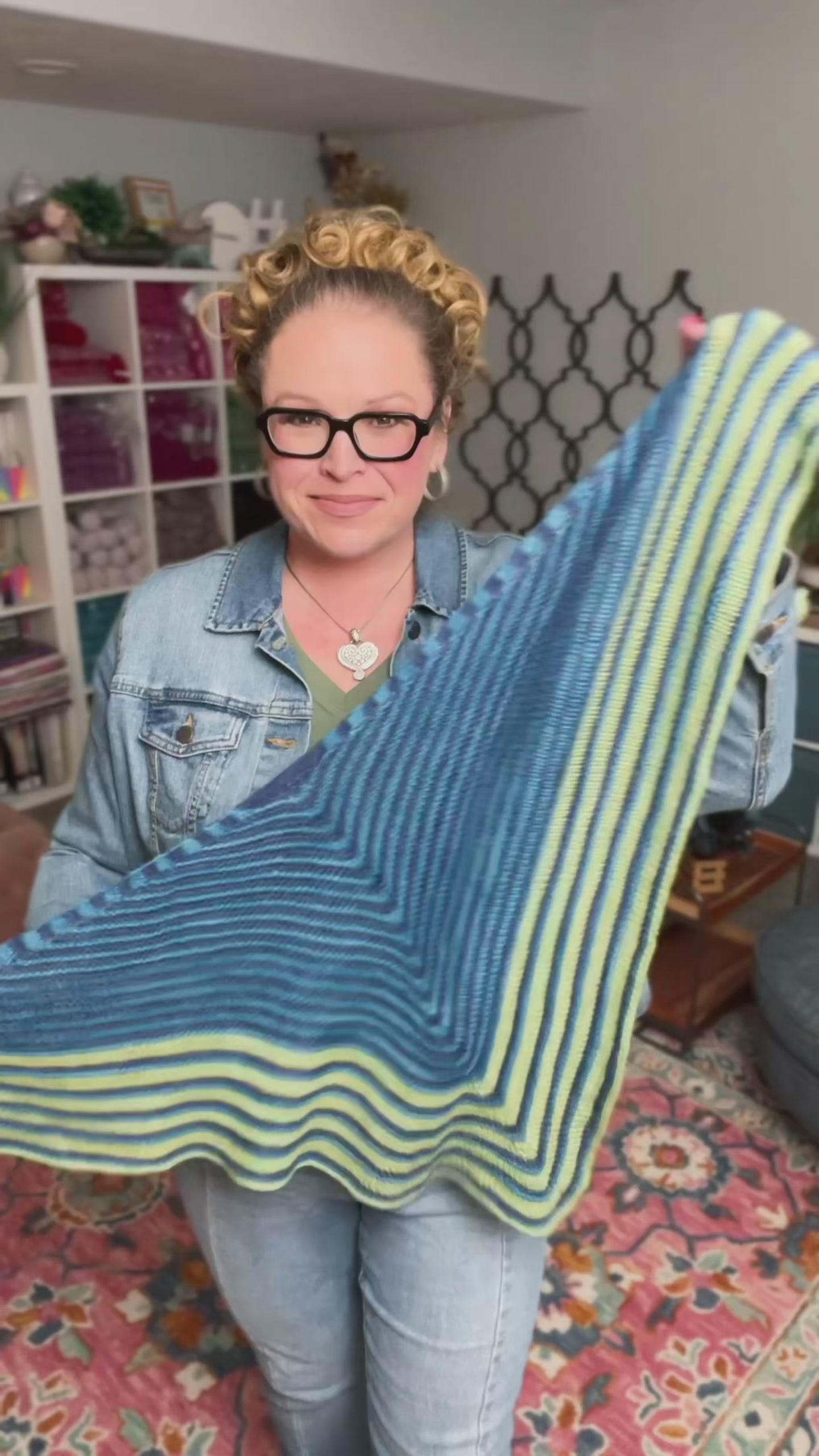 Marly Bird Showing multiple ways to wear the Make It Mine Knit Shawl. Make It Mine Knit Shawl triangle shawl pattern garter stitch striped knit wrap